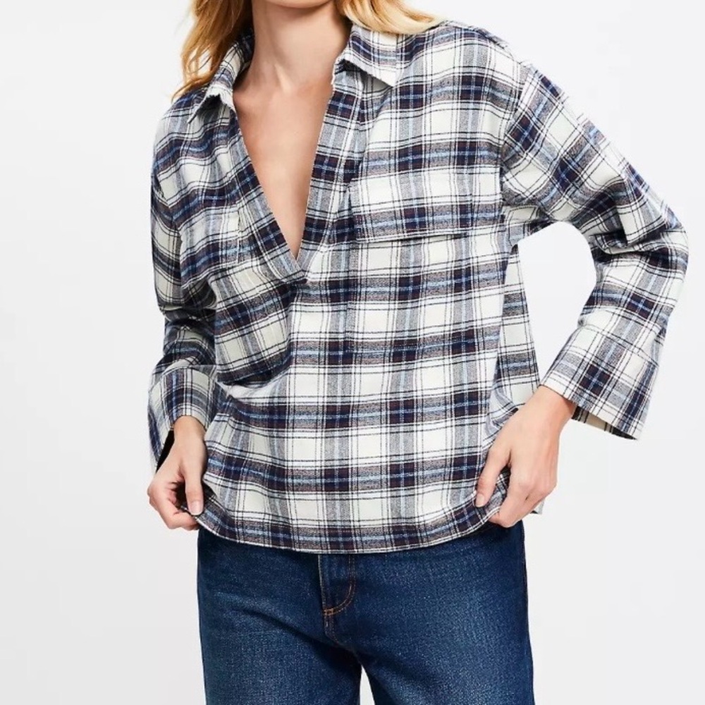LOFT Plaid Flannel Popover Shirt Women Sz M Brown Blue White Cotton Preppy